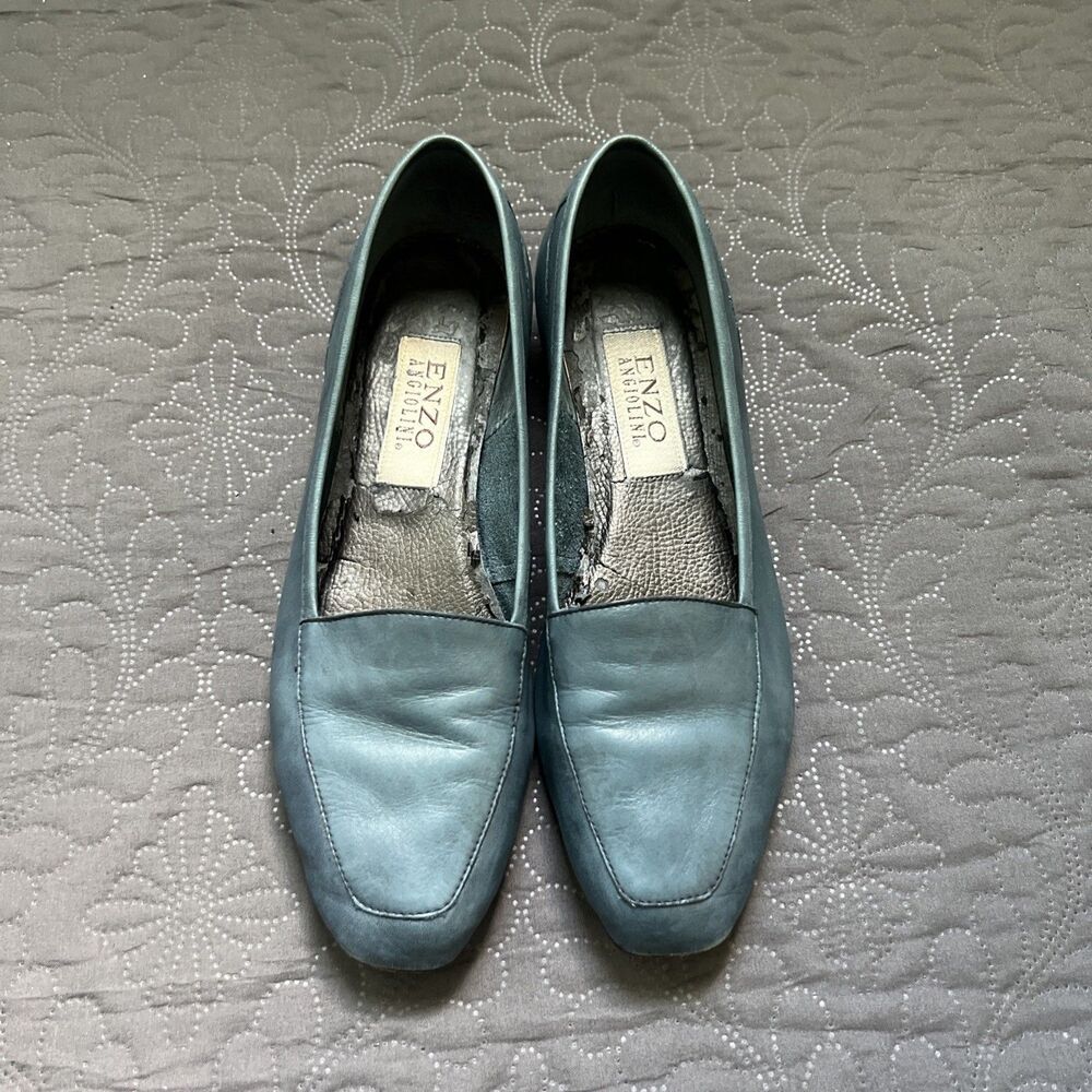 VTG Enzo Angiolini Liberty Blue Leather Slip-On Loafer Flats Square Toe SZ 8.5M